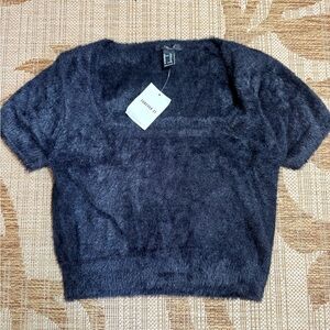 FOREVER 21 Black Crop Fitted Blouse Short Sleeve Fuzzy NWT